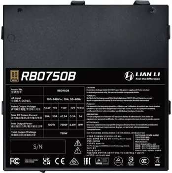 Počítačový zdroj Lian Li Napájecí zdroj RB Series 80 PLUS Bronze, semi-modulární, PCIe 5.1, ATX 3.1 - 750 W, černý