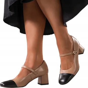 Dámské lodičky Lodičky Béžové Dámské Mary Jane Nízký Podpatek KOŽENÉ POLSKÉ Módní vel. 40