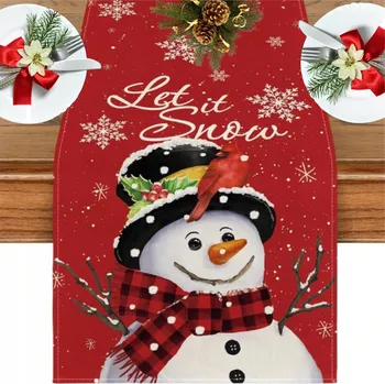 ubrus Vánoční běhoun na stůl se sněhulákem a vločkami červený 40 x 140 cm