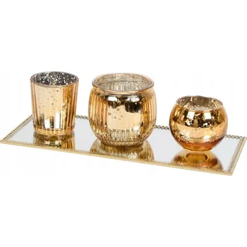 Zrcadlo Sada skleněných svícnů na podnosu zrcadlo zlatá