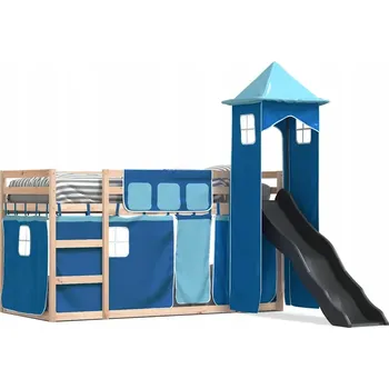 Postel Dřevěná Patrová Postel se Skluzavkou a Závěsy, 205,5x87,5x113 cm