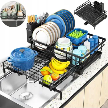 Odkapávač na nádobí ODKAPÁVAČ VELKÝ STOJANOVÝ SUŠÁK NA NÁDOBÍ TALÍŘE PŘÍBORY ČERNÝ KOVOVÝ