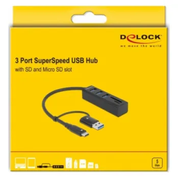 Počítač DeLOCK 3portový USB 3.2 Gen 1 Hub + čtečka SD a Micro SD karet s připojením USB typu C nebo USB typu A, USB Hub