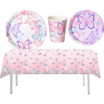 Obraz Narozeninová sada: kelímky, talířky 18 cm, ubrus 108x180 cm - motiv motýli
