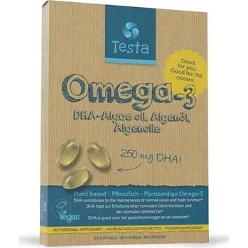 Testa Omega-3 řasový olej - 250 mg DHA na kapsli - Vysoké dávky veganské omega-3 - 100% čistý a