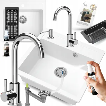 Granitový dřez GRANITOVÝ DŘEZ JEDNOKOMOROVÝ 60 cm bílý S BATERIÍ dávkovačem 11ks