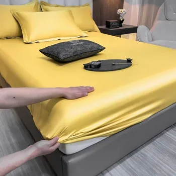 Prostěradlo Napínací prostěradlo s gumou 400 TC rozměr 140 x 200 cm Jednobarevné hladké prostěradlo příjemné na dotek Pro matrace do 30 cm žlutá