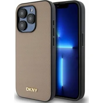 Pouzdro na mobilní telefon DKNY DKHMP15LPGHLME iPhone 15 Pro 6.1 béžový/béžový pevný obal Grained Metal Logo MagSafe