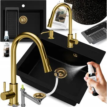 Granitový dřez GRANITOVÝ DŘEZ JEDNOKOMOROVÝ 60 cm zlatý SE BATERIÍ a dávkovačem, 11 dílů