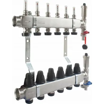 rozdělovač topení INOX nerezový 2-cestný rozdělovač s průtokoměry, termostatickými ventily, vypouštěcími ventily a automatickými odvzdušňovacími ventily