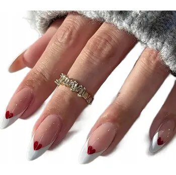 Umělé nehty UMĚLÉ NEHTY TYPU TIPSY MANDLE ŠPIČATÉ OVÁL ČERVENÉ BÍLÉ FRENCH SRDCE VALENTÝN