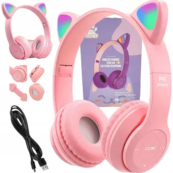 Sluchátka Słuchawki bezprzewodowe přes uši s kočičími oušky a LED podsvícením pro děti
