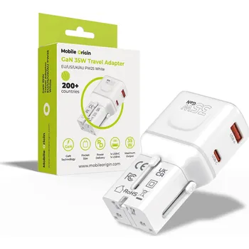 Mobilní telefon Mobile Origin GaN 35W Travel Adapter, EU/US/UK/AU PW25 White MO-PW25-WHT