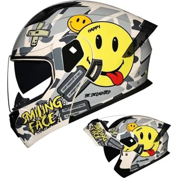 Motocyklové brýle Celoobličejová motocyklová helma unisex výklopná ABS+PC šedá s potiskem smajlíka L