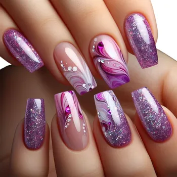 Umělé nehty Ručně malované umělé nehty 24 ks Čtvercový tvar pro domácí manikúru Originální nehtové umění s detailním dekorem