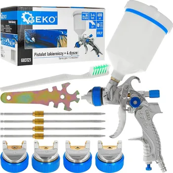 Stříkací pistole Lakýrnická pistole HVLP + 4 trysky (1,4 / 1,7 / 2,0 / 2,5 mm), Geko G03121