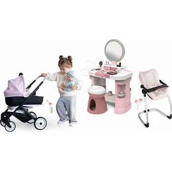 Dětské zboží Set kosmetický stolek s kočárkem a jídelní židličkou My Beauty Dressing Table Smoby se židlí a zkrášlujícími doplňky