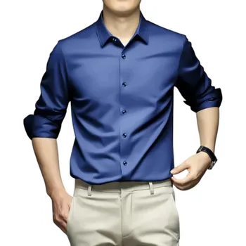 Pánská košile Pánská košile s límečkem na knoflíky Jednobarevné provedení Polyester a spandex Elegantní střih pro každodenní nošení tmavě modrá XL