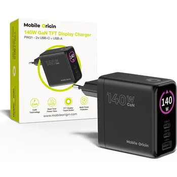Mobilní telefon Mobile Origin 140W GaN Display Charger PW21 - 2x USB-C + USB-A MO-140WDCH-PW21