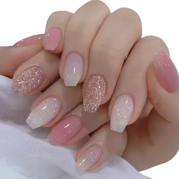 Umělé nehty Gradientní coffin nehtové tipy 24 ks Ombré přechod s třpytivým designem Nositelné umělé nehty pro domácí manikúru
