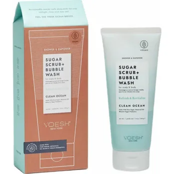 Masážní přístroj Clinique VOESH_Cukrový peeling + Bubble Wash peeling a pěna pro mytí pokožky hlavy a těla Clean Ocean 210g