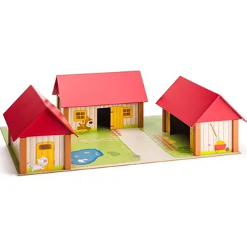 Dětské zboží Woody Statek se třemi budovami a podložkou dřevěný