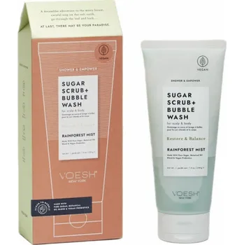 Masážní přístroj Clinique VOESH_Cukrový peeling + Bubble Wash peeling a pěna pro mytí pokožky hlavy a těla Rainforest Mist 210g