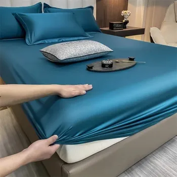 Prostěradlo Napínací prostěradlo s gumou 400 TC rozměr 140 x 200 cm Jednobarevné hladké prostěradlo příjemné na dotek Pro matrace do 30 cm tmavě modrá