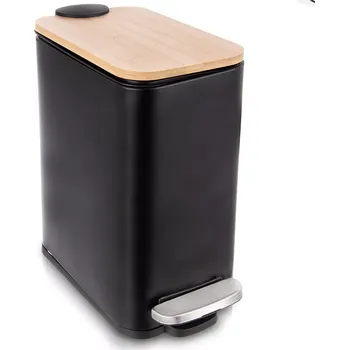 Odpadkový koš Úzký pedálový odpadkový koš 5 l, černý, bambusové víko