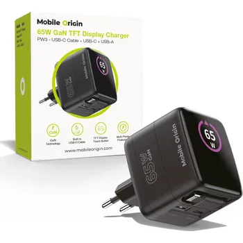 Mobilní telefon Mobile Origin 65W GaN Display Charger PW3 - USB-C Cable + USB-C + USB-A MO-65WDCH-PW3