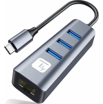 Síťová karta Techly Adaptér USB-C 3.1 na RJ45 gigabitová síťová karta s 3x USB 3.0 Hub