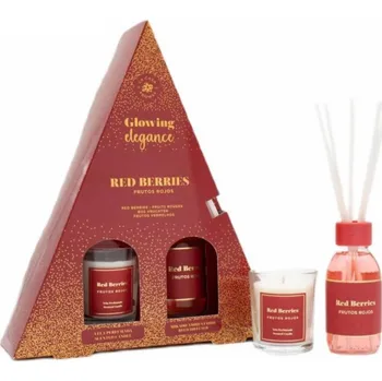 Svíčka Beliani Glowing Elegance sada vonných difuzérů s vonnými tyčinkami Red Fruits 95ml + vonná svíčka Red Fruits 120g