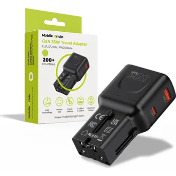 Mobilní telefon Mobile Origin GaN 35W Travel Adapter, EU/US/UK/AU PW25 Black MO-PW25-BLK