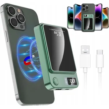 Powerbanka MAGNETICKÁ POWERBANKA 10000MAH ZELENÁ S BEZDRÁTOVÝM NABÍJENÍM A LED