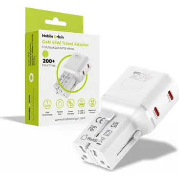 Mobilní telefon Mobile Origin GaN 45W Travel Adapter, EU/US/UK/AU PW26 White MO-PW26-WHT