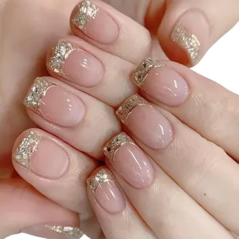 Umělé nehty Designové umělé nehty hranatý tvar 24 ks Francouzská manikúra Kamínkové a třpytivé detaily Nalepovací řešení pro domácí manikúru