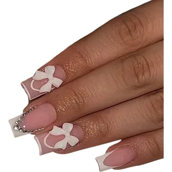 Umělé nehty Sladký francouzský design s kamínky 24 ks Nalepovací akrylové nehty Čtvercový tvar Elegantní DIY manikúra s mašlemi pro ženy