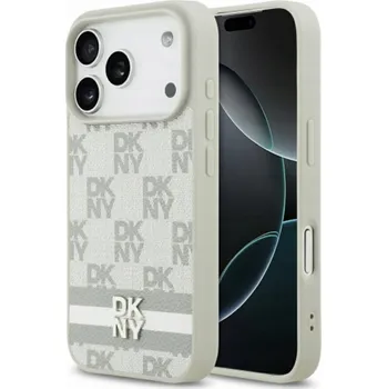 Pouzdro na mobilní telefon DKNY Pouzdro Checkered with Printed Stripes pro iPhone 17 Pro, béžové