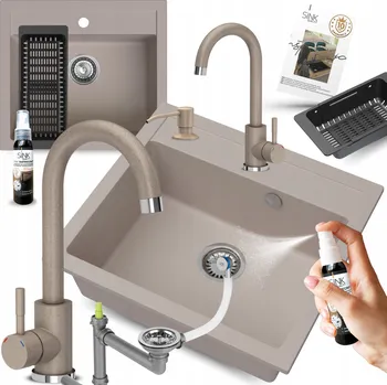 Granitový dřez GRANITOVÝ DŘEZ JEDNOKOMOROVÝ 60 cm béžový S BATERIÍ a dávkovačem, 11 dílů
