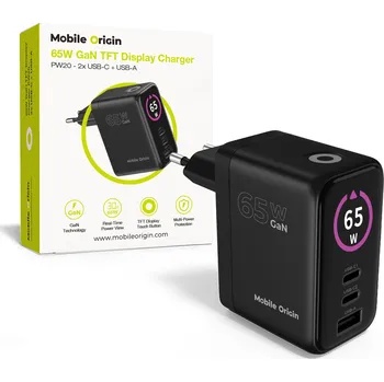 Mobilní telefon Mobile Origin 65W GaN Display Charger PW20 - 2x USB-C + USB-A MO-65WDCH-PW20