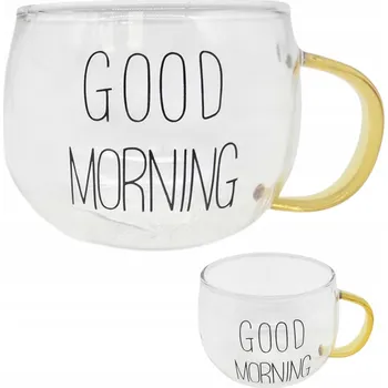 SKLENĚNÝ HRNEK SKLENICE SE ŽLUTÝM UCHEM GOOD MORNING BOROSILIKÁTOVÝ 300 ML