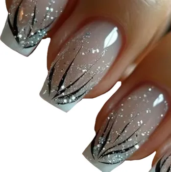 Umělé nehty Moderní hranaté umělé nehty 24 ks Stylová variace francouzské manikúry Nalepovací řešení pro domácí úpravu nehtů