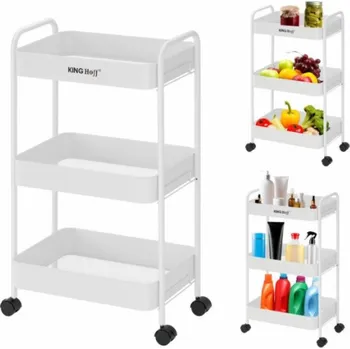 police KingHoff 3patrová ocelová police s kolečky otočnými o 360°, bílá, KH-1942