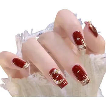 Umělé nehty Slavnostní akrylové nehty coffin střední velikost 24 ks Perlové detaily Nalepovací tipy Kompletní sada umělých nehtů