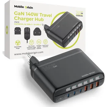 Mobilní telefon Mobile Origin GaN 140W Travel Charger Hub PW12 EU/UK/US 3x USB-C + 3x USB-A MO-CH140-PW12