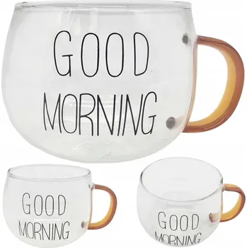 SKLENĚNÝ HRNEK SKLENICE S HNĚDÝM UCHEM GOOD MORNING BOROSILIKÁTOVÝ 300 ML