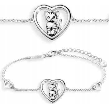 Náramek Dámský stříbrný náramek Srdce s kočkou Srdce Kočka Kotě STŘÍBRO 925