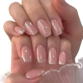 Umělé nehty Neutrální coffin nehty 24 ks Rakvičkový tvar Elegantní nude s třpytivými detaily Glitter ombré Akrylové nehty pro stylový vzhled