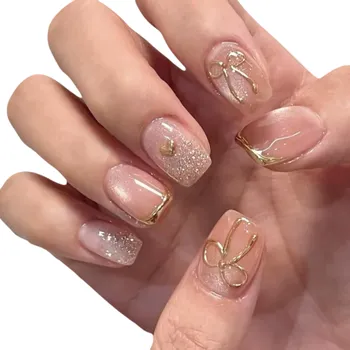 Umělé nehty Dekorační nehty 24 ks Čtvercový tvar s 3D mašličkami Jemný třpyt Nalepovací sada pro domácí manikúru Kreativní nehtové umění