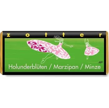 Čokoláda Zotter Bio plněná mléčná čokoláda Bezinky, marcipán a máta, 70 g